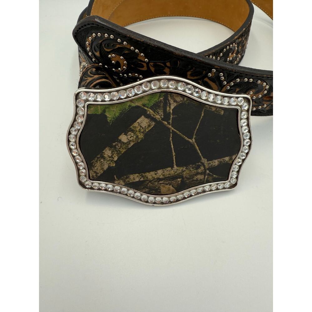 Justin Women's Leather Belt Black Brown Distressed Studded Camo‎ Rhinestone 42